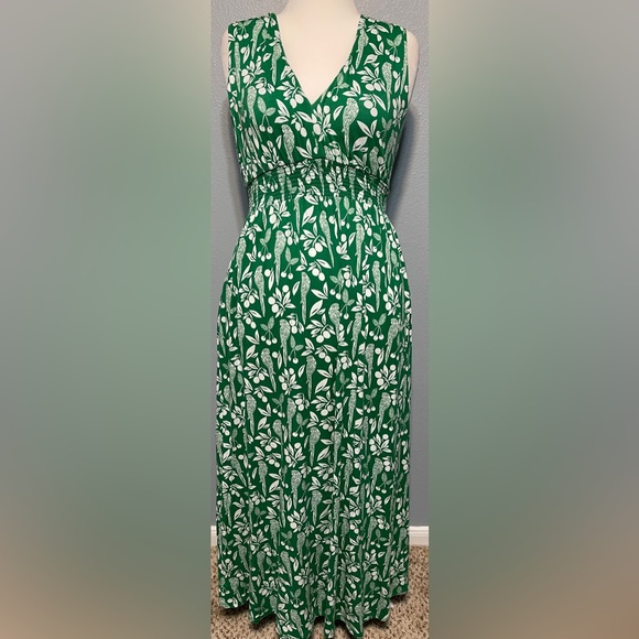 Boden Paloma Maxi Dress Green Parrot V Neck Smocked Waist Resort Coastal Size 4L - Picture 3 of 10